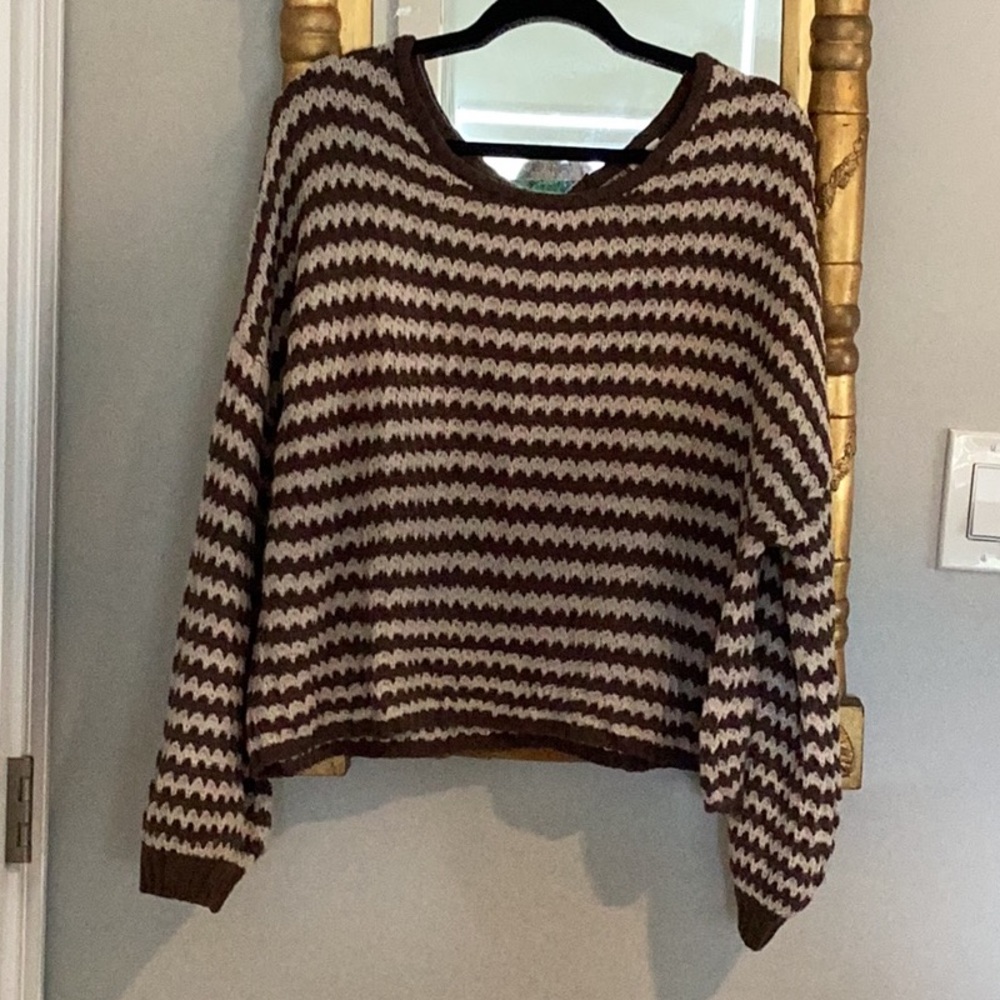 By the River L brown and cream striped knit sweater , puffy long sleeves